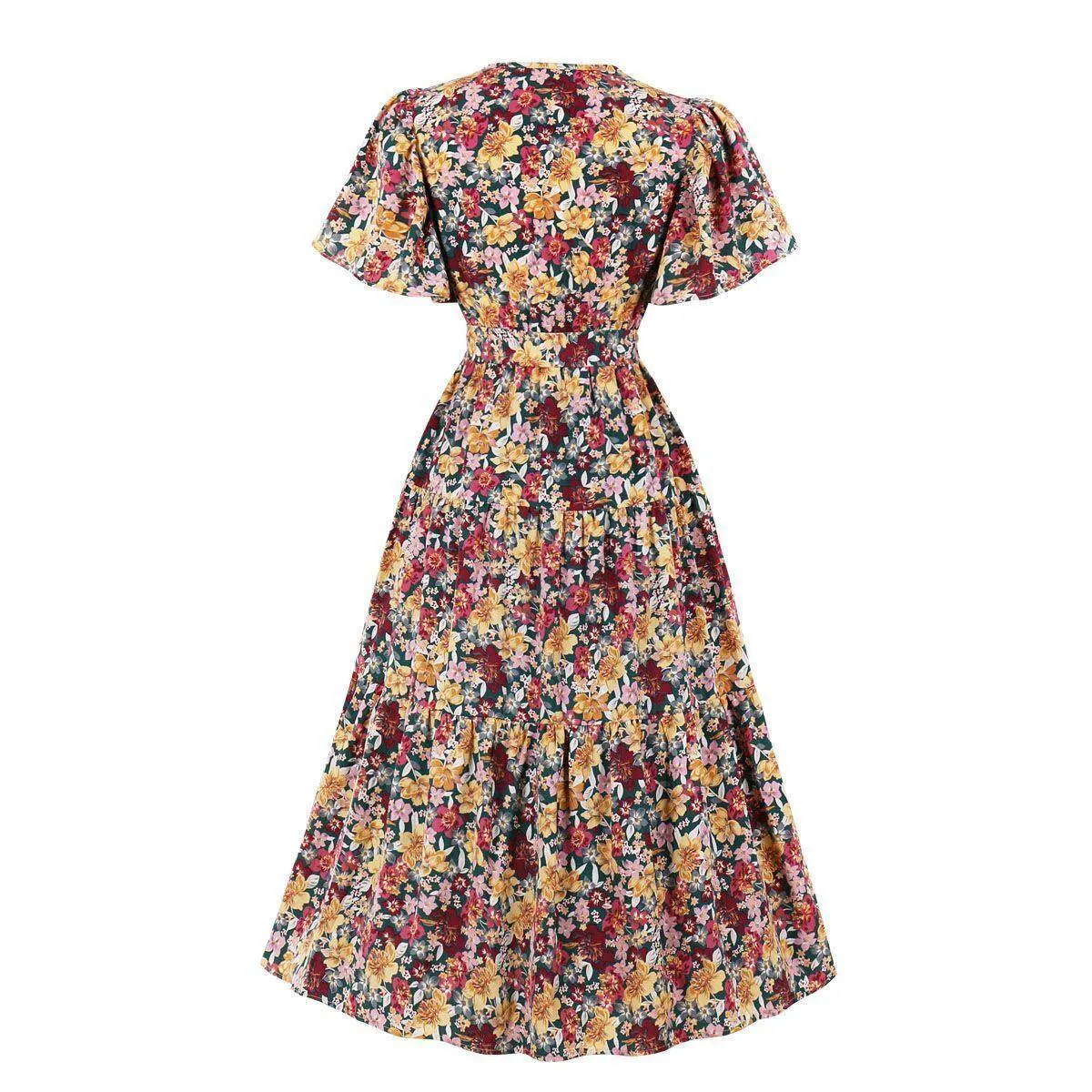 Vintage V Neck Short Sleeves Long Dress