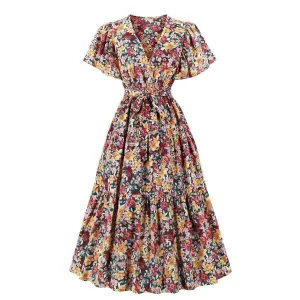 Vintage V Neck Short Sleeves Long Dress