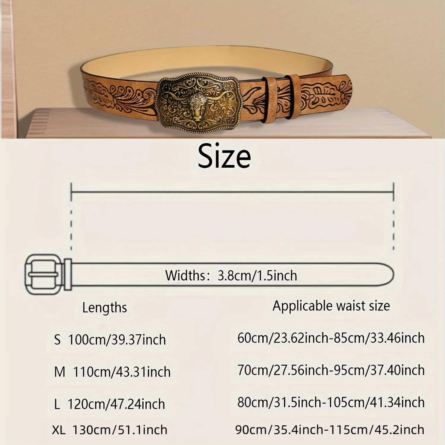 Vintage Western Embossed Bull Head Buckle Belt for Jeans and Dress