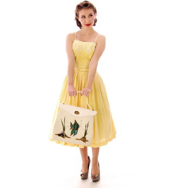 Vintage Yellow Cotton Sundress Embroidered Bodice Wendy Woods 1950s 32-24-Free