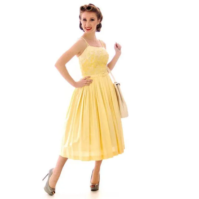 Vintage Yellow Cotton Sundress Embroidered Bodice Wendy Woods 1950s 32-24-Free