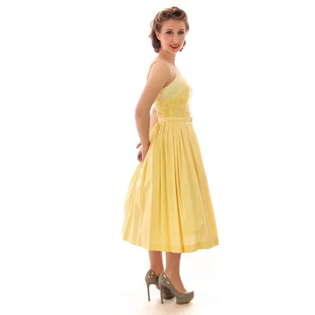 Vintage Yellow Cotton Sundress Embroidered Bodice Wendy Woods 1950s 32-24-Free