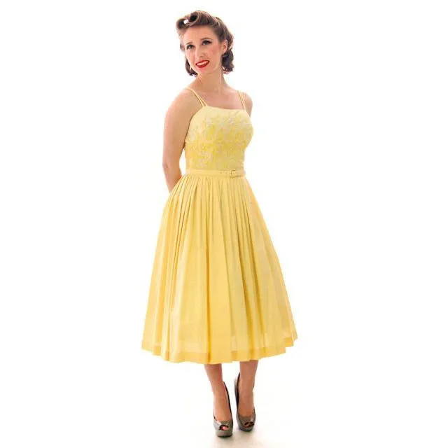 Vintage Yellow Cotton Sundress Embroidered Bodice Wendy Woods 1950s 32-24-Free