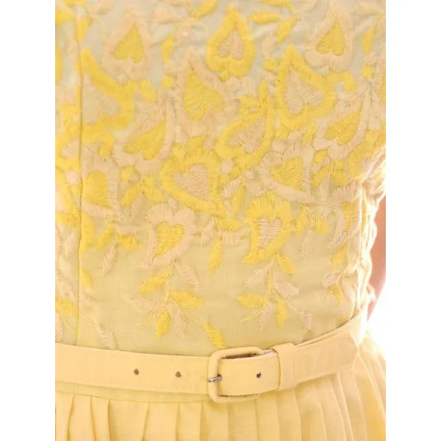 Vintage Yellow Cotton Sundress Embroidered Bodice Wendy Woods 1950s 32-24-Free