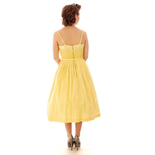 Vintage Yellow Cotton Sundress Embroidered Bodice Wendy Woods 1950s 32-24-Free