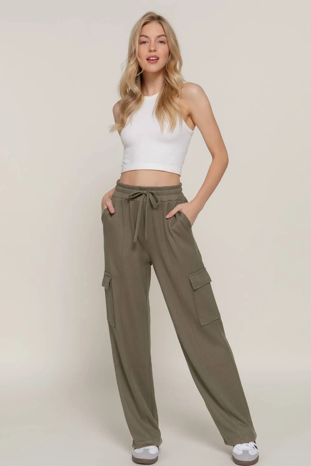 Waistband Drawstring Side Pocket Knit Corduroy Long Pants: Olive