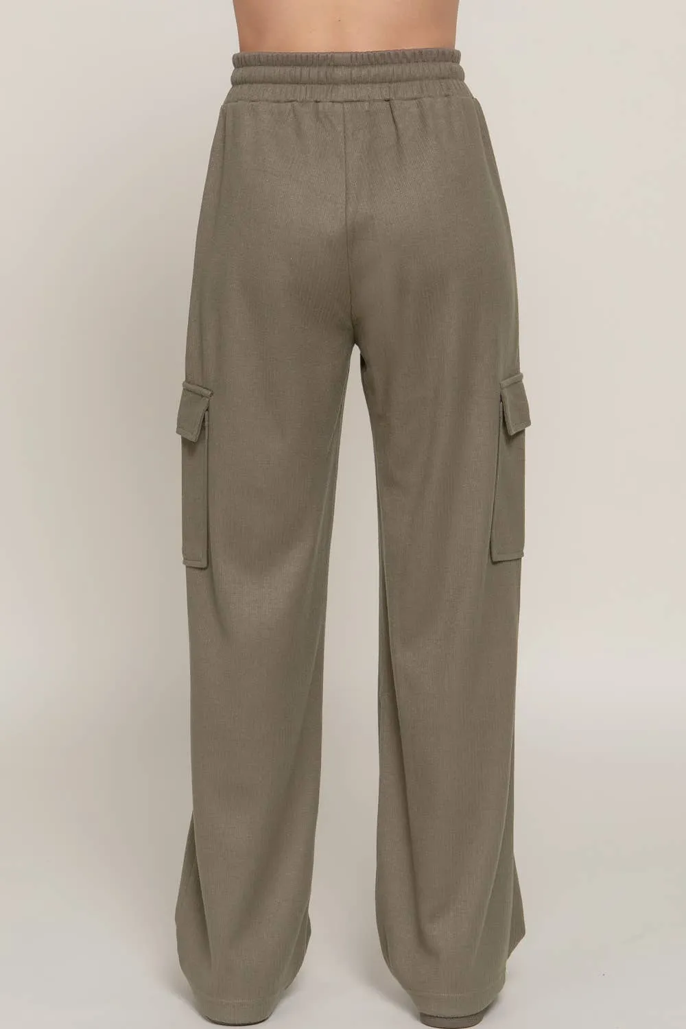 Waistband Drawstring Side Pocket Knit Corduroy Long Pants: Olive
