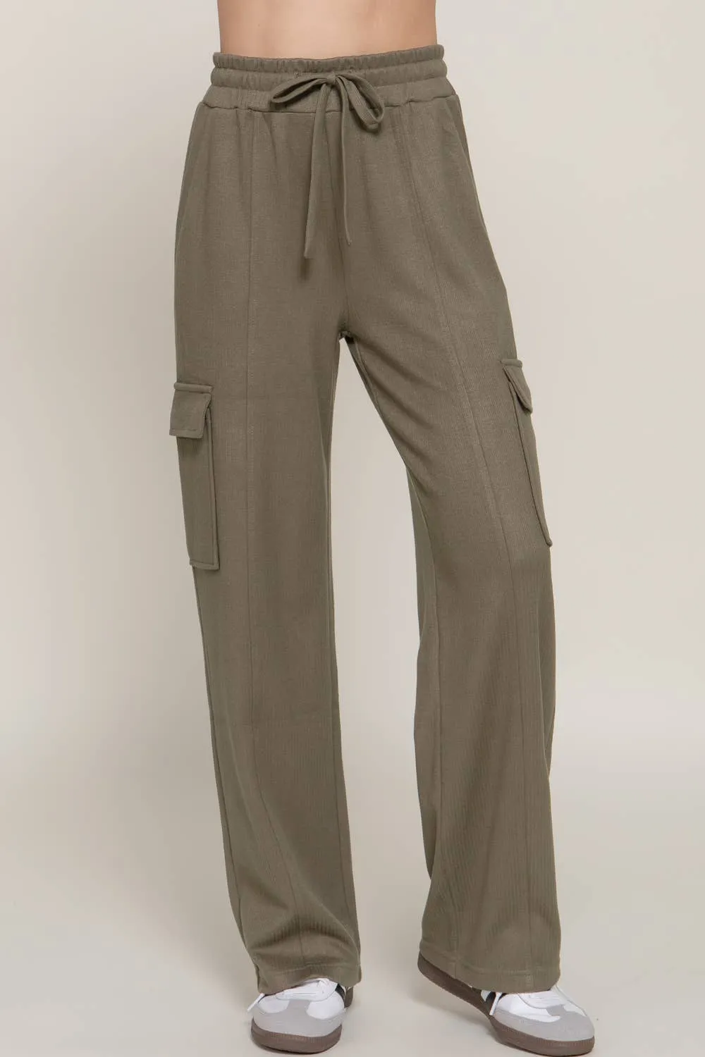 Waistband Drawstring Side Pocket Knit Corduroy Long Pants: Olive