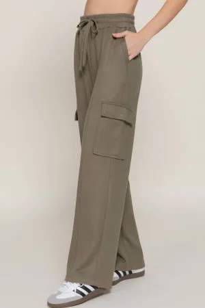 Waistband Drawstring Side Pocket Knit Corduroy Long Pants: Olive