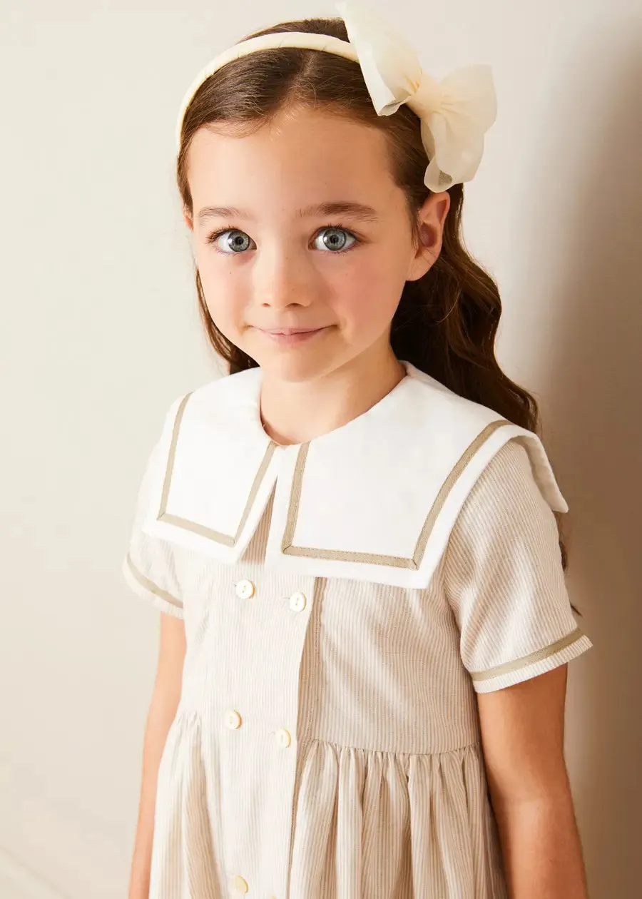 Waterford Striped Mariner Collar Double Breasted Short Sleeve Dress in Beige (12mths-10yrs)