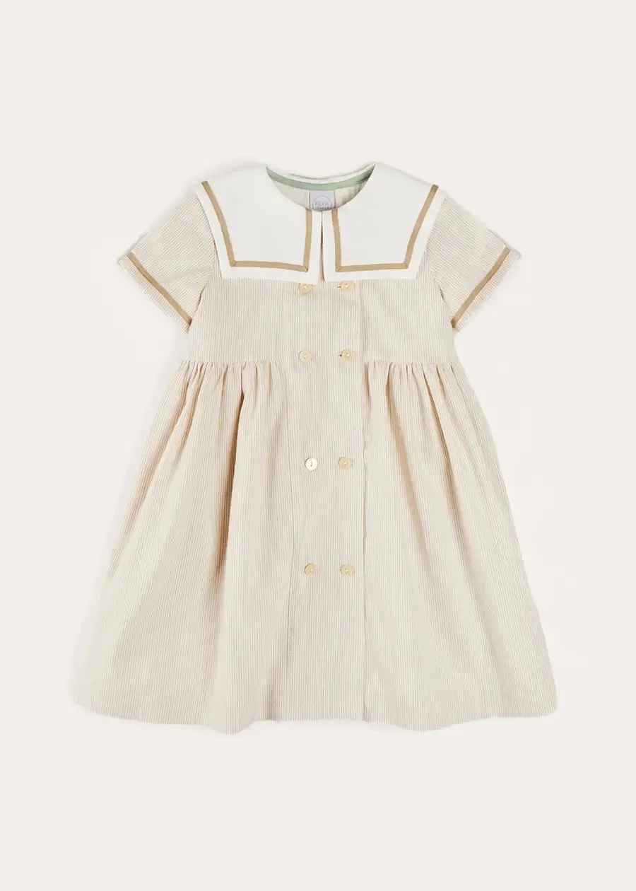 Waterford Striped Mariner Collar Double Breasted Short Sleeve Dress in Beige (12mths-10yrs)