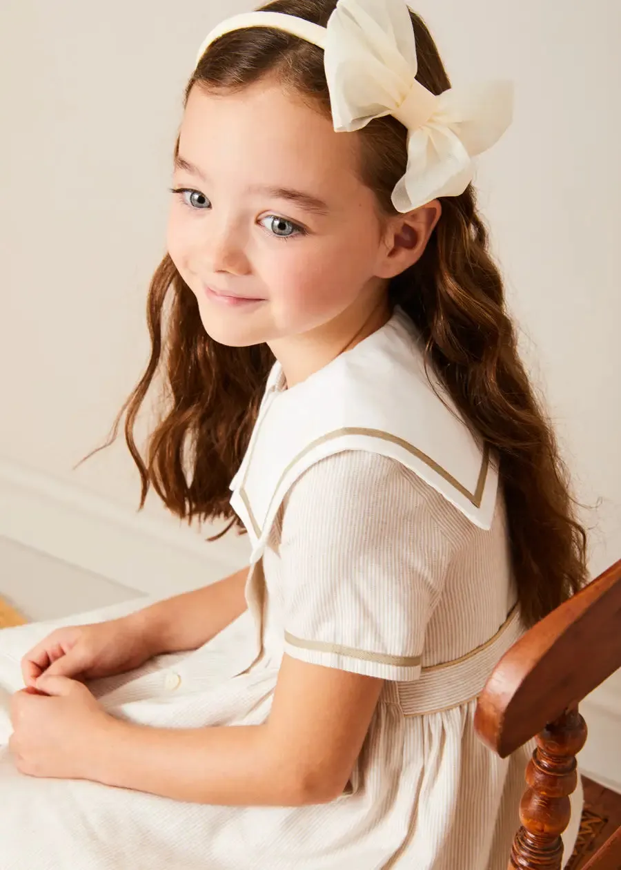 Waterford Striped Mariner Collar Double Breasted Short Sleeve Dress in Beige (12mths-10yrs)