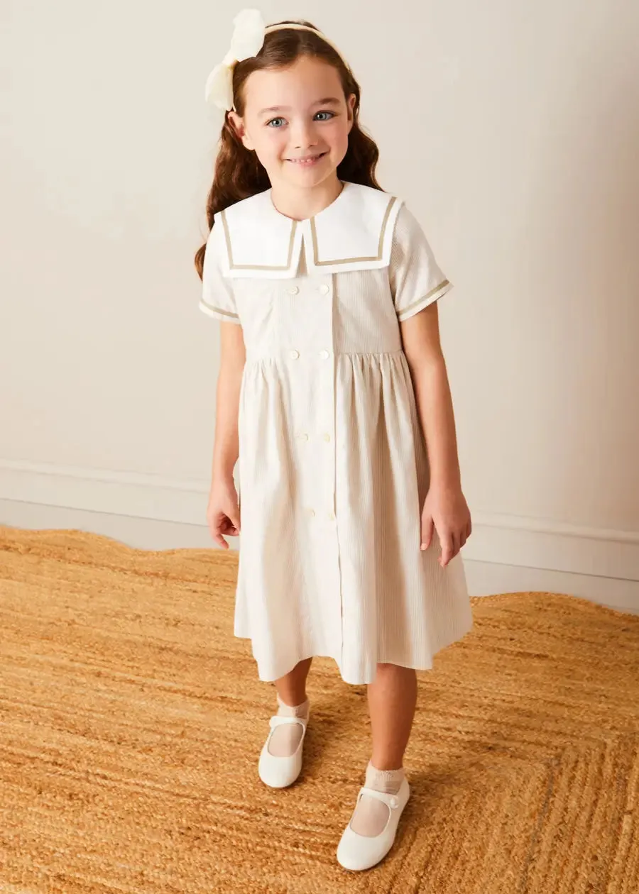 Waterford Striped Mariner Collar Double Breasted Short Sleeve Dress in Beige (12mths-10yrs)