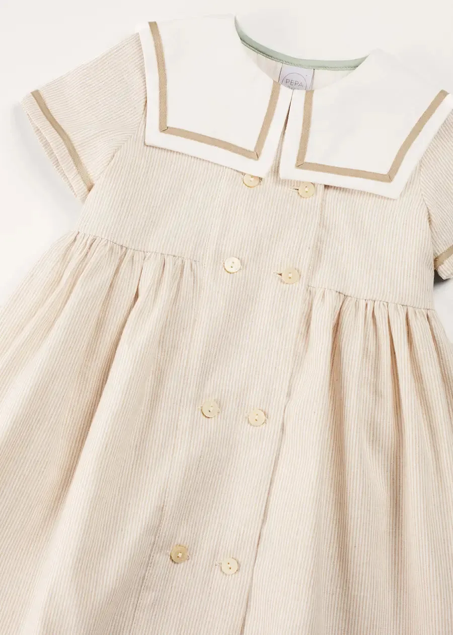 Waterford Striped Mariner Collar Double Breasted Short Sleeve Dress in Beige (12mths-10yrs)