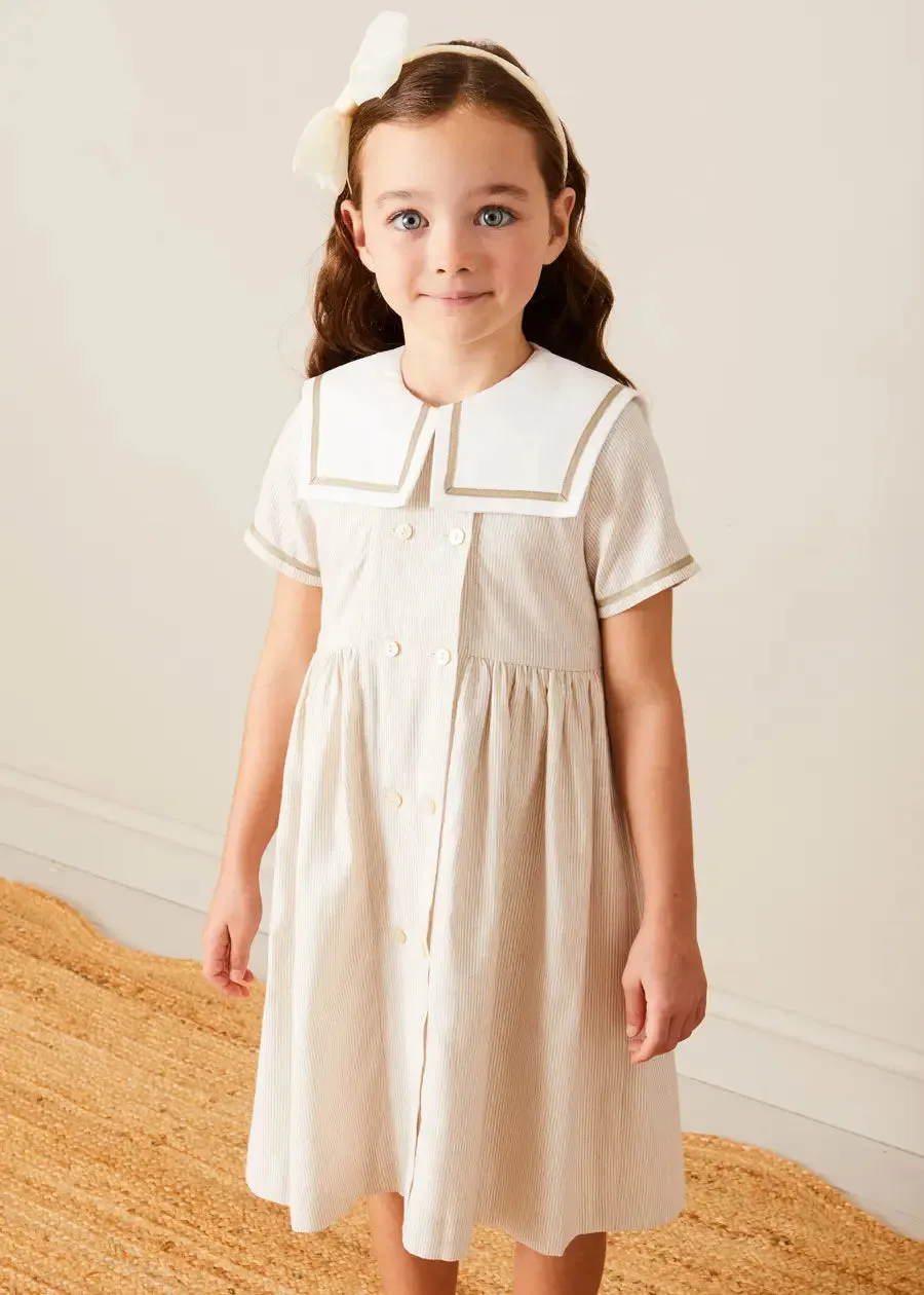 Waterford Striped Mariner Collar Double Breasted Short Sleeve Dress in Beige (12mths-10yrs)