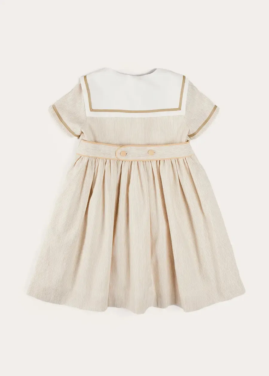 Waterford Striped Mariner Collar Double Breasted Short Sleeve Dress in Beige (12mths-10yrs)