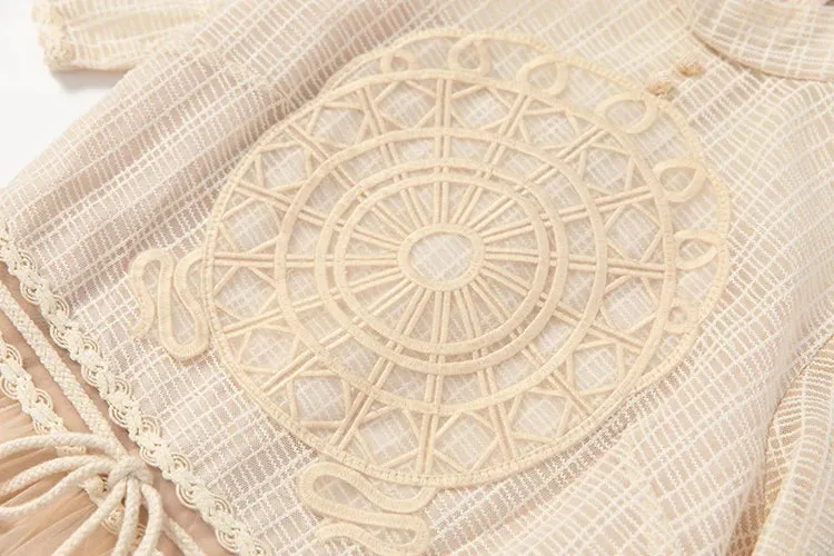 Waylon Plaid Embroidery Weave Lace Up Sashes Flutter Princess Dresse