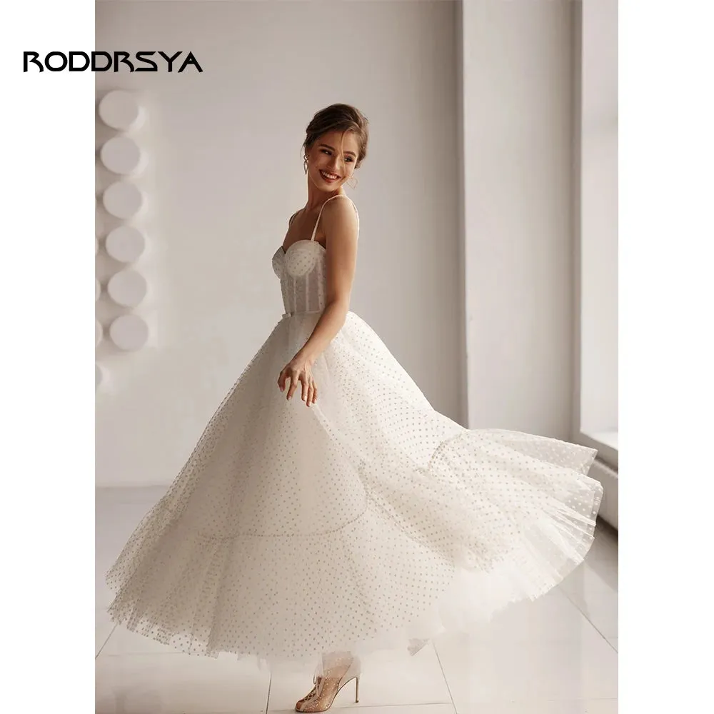 Wedding Dress A Line Sweetheart Spaghetti Straps Dot Tulle Bridal Gown