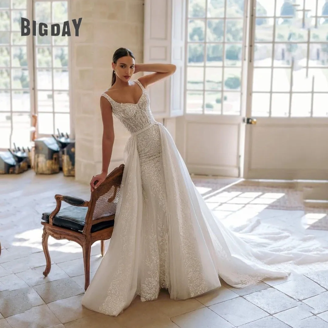Wedding Dress For Woman Square-Neck A-Line Lace Appliques