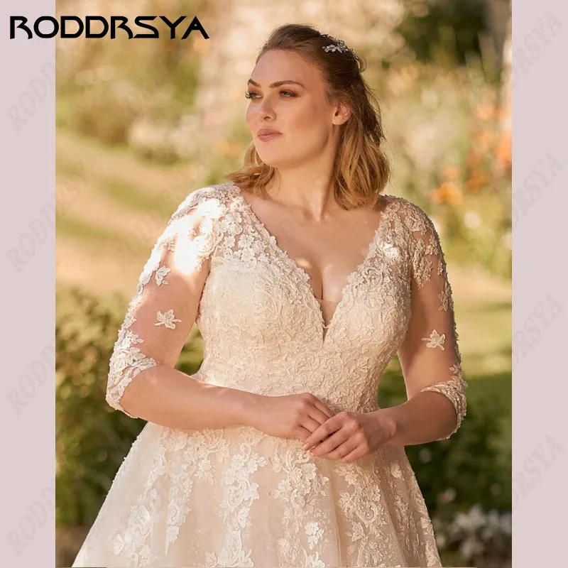 Wedding Dress Princess A-Line V-Neck 3/4 Sleeves Bride Party Appliques