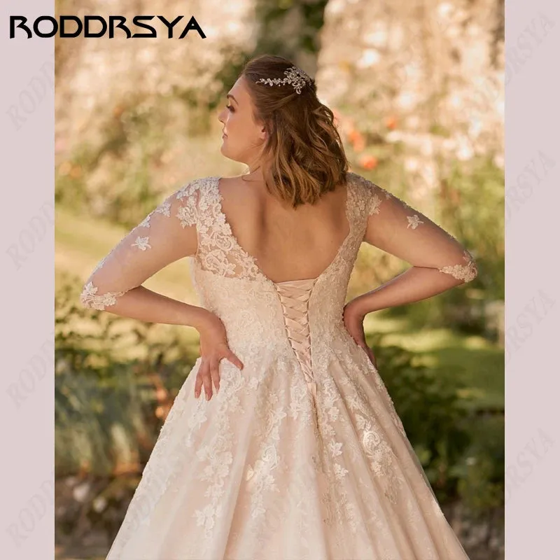 Wedding Dress Princess A-Line V-Neck 3/4 Sleeves Bride Party Appliques