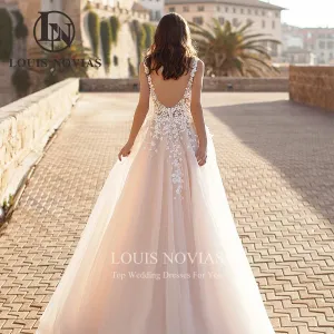 Wedding Dress V-Neck Backless Beaded Flowers Sparkling Tulle A-Line