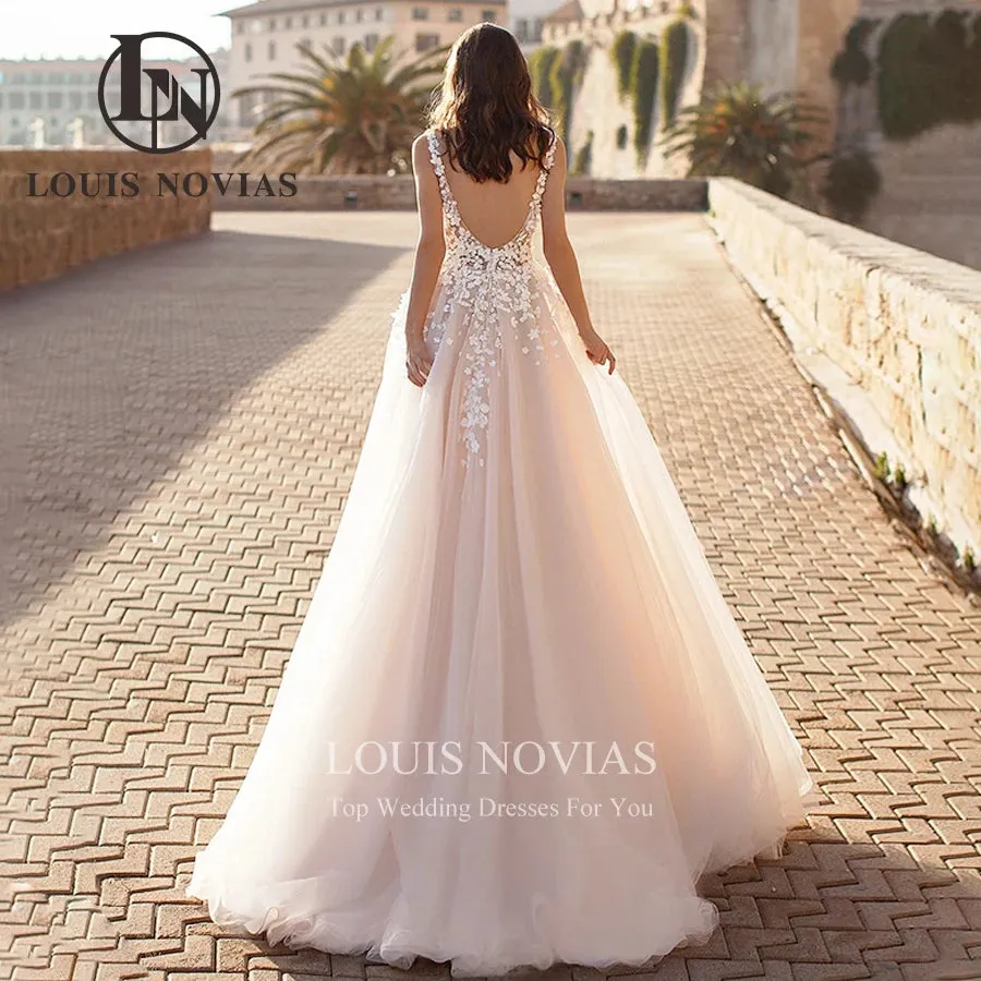 Wedding Dress V-Neck Backless Beaded Flowers Sparkling Tulle A-Line