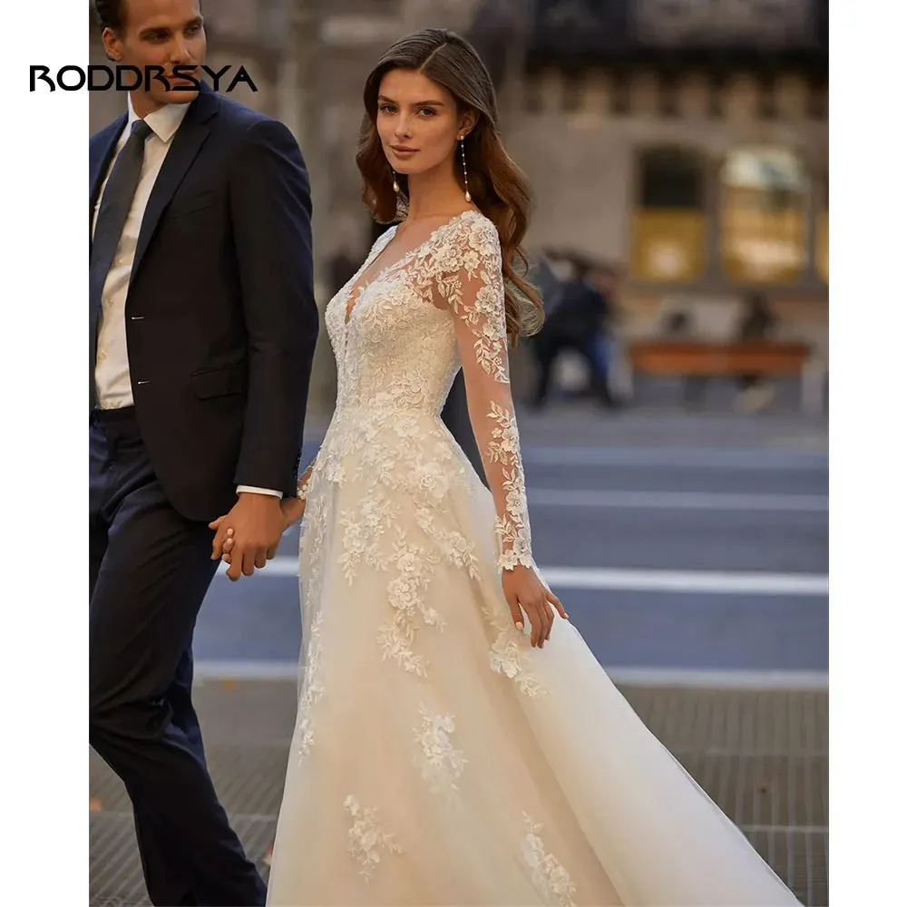 Wedding Dresses For Women Long Sleeves Bridal Gowns Appliques Button