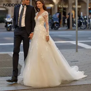 Wedding Dresses For Women Long Sleeves Bridal Gowns Appliques Button