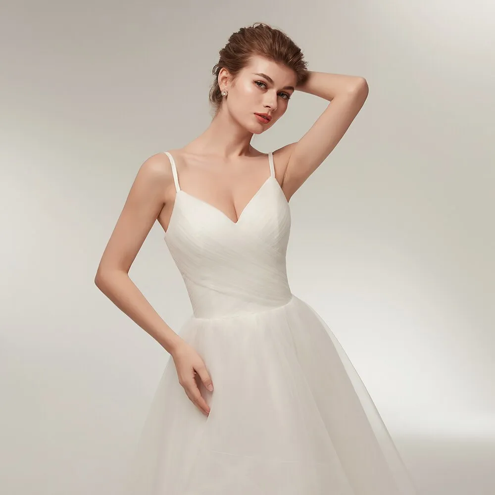 Wedding Dresses Spaghetti Straps V-Neck Ruffles Tulle Simple Beach Bridal