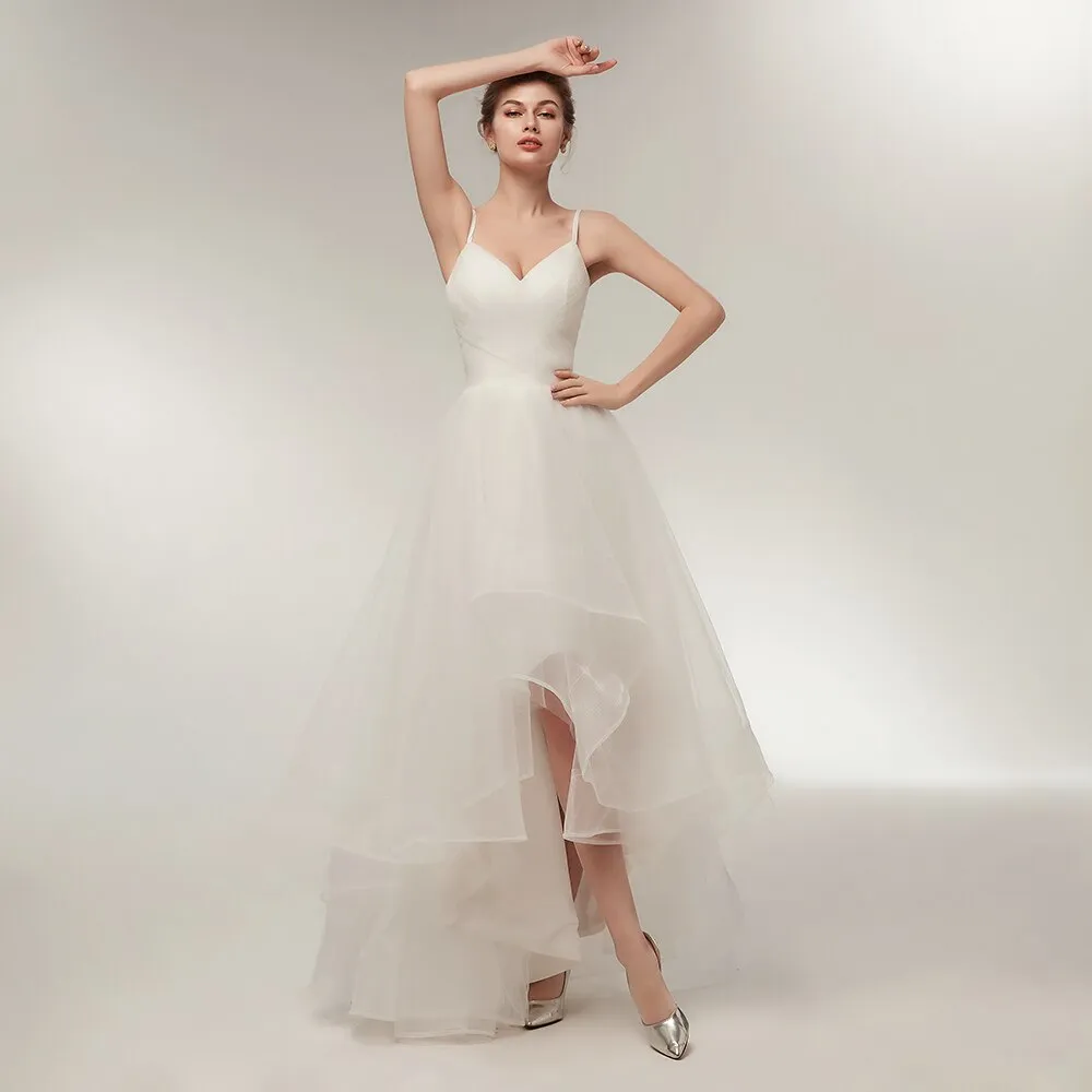 Wedding Dresses Spaghetti Straps V-Neck Ruffles Tulle Simple Beach Bridal