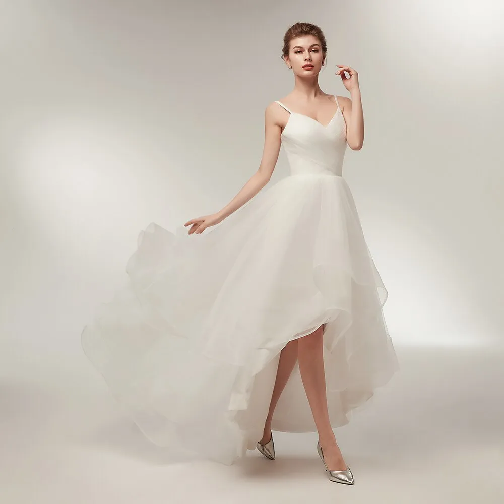 Wedding Dresses Spaghetti Straps V-Neck Ruffles Tulle Simple Beach Bridal