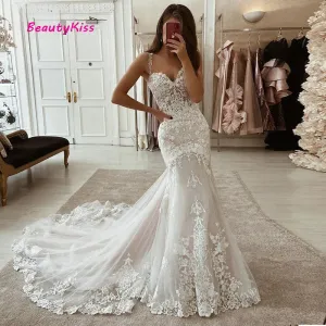 Wedding Guest Dresses: Ivory Mermaid Wedding Dresses Lace Appliques Tulle