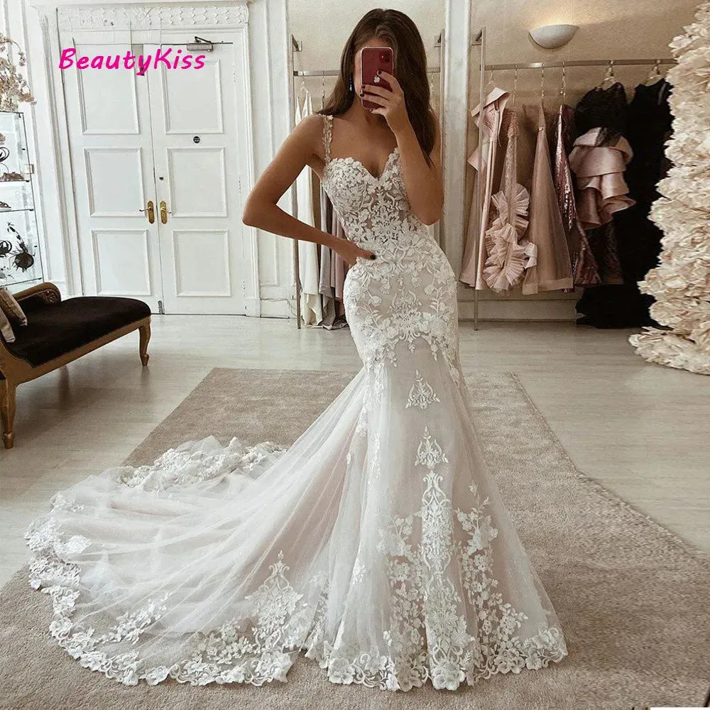 Wedding Guest Dresses: Ivory Mermaid Wedding Dresses Lace Appliques Tulle