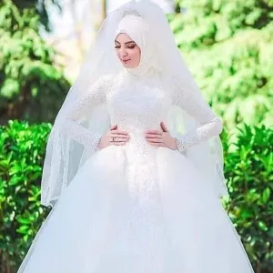 Wedding Guest Dresses: Long Sleeve Muslim Wedding Dress M01 Colorful Lace Applique