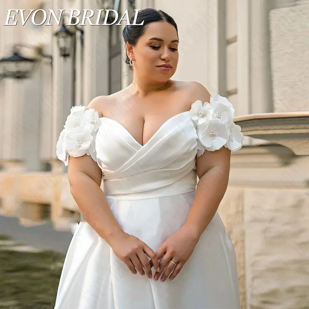 Wedding Guest Dresses: Wedding Dress Plus Size Satin A-Line Lace Up Off Shoulder