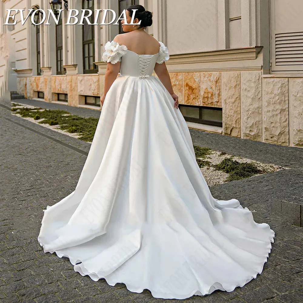 Wedding Guest Dresses: Wedding Dress Plus Size Satin A-Line Lace Up Off Shoulder