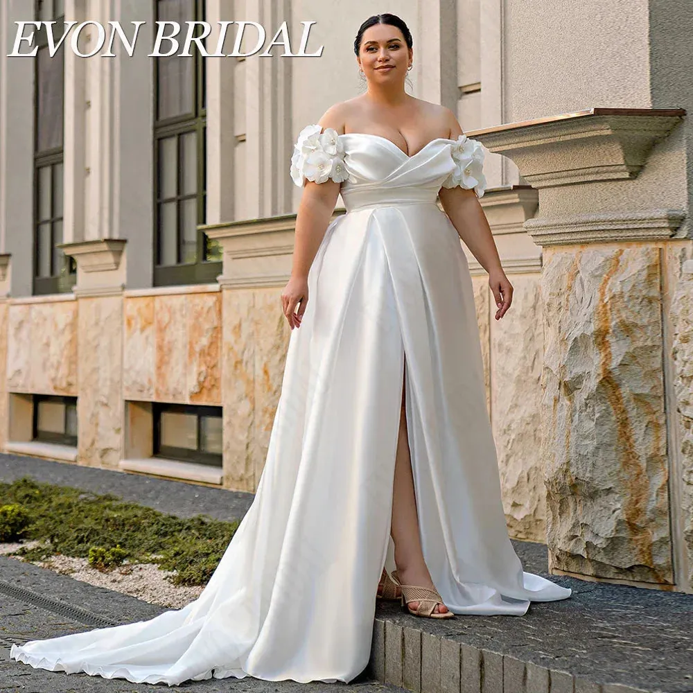 Wedding Guest Dresses: Wedding Dress Plus Size Satin A-Line Lace Up Off Shoulder