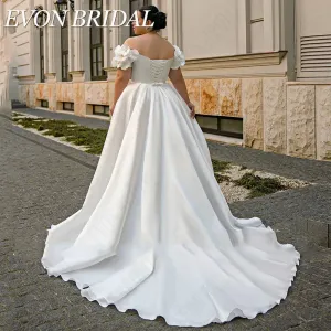 Wedding Guest Dresses: Wedding Dress Plus Size Satin A-Line Lace Up Off Shoulder