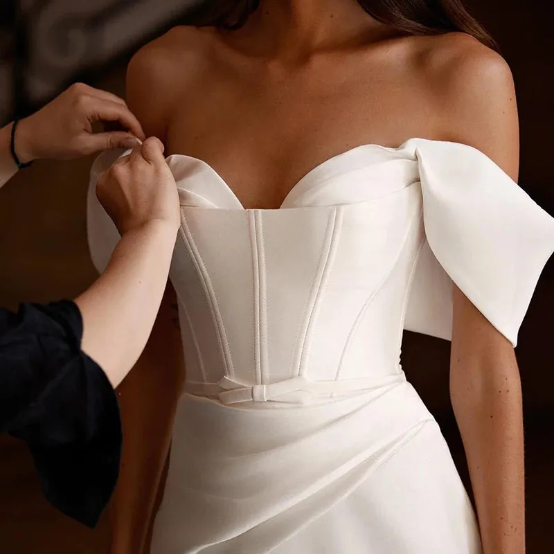 Wedding Guest Dresses: Wedding Dresses Off The Shoulder White Satin Evening Dress