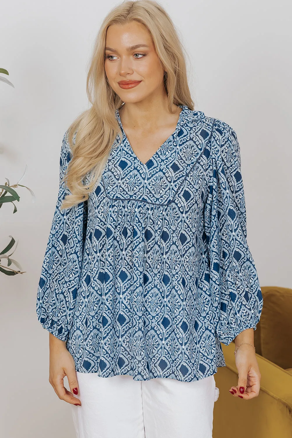 Western Geometric Frilled Loose Fit Blouse