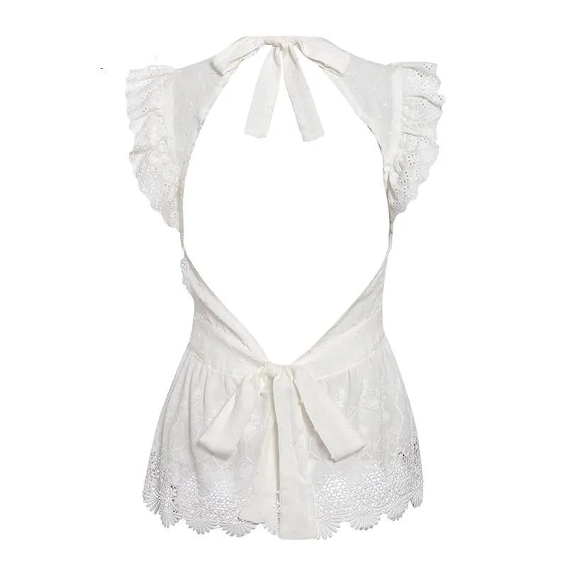 White Backless Lace Ruffled Top