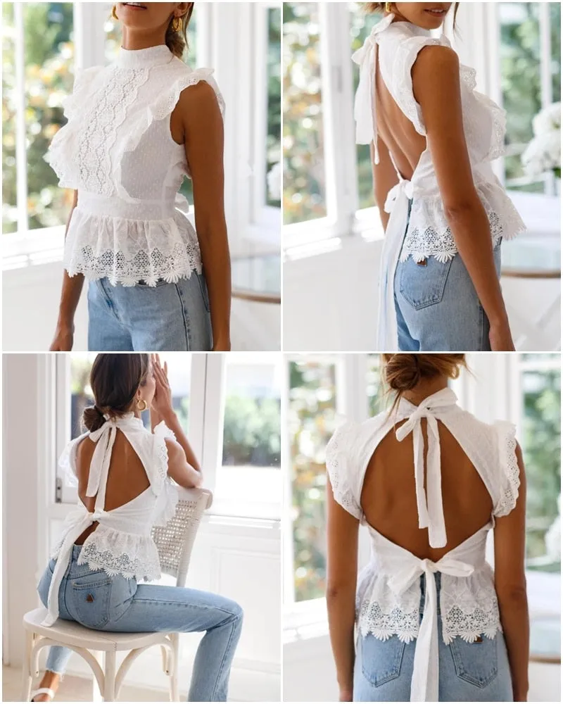White Backless Lace Ruffled Top