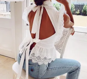 White Backless Lace Ruffled Top