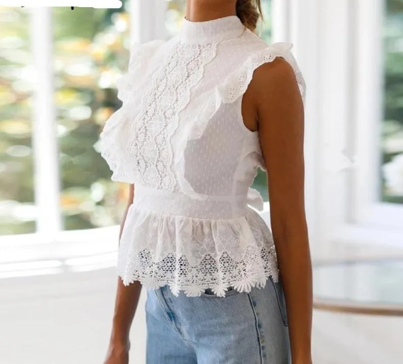White Backless Lace Ruffled Top