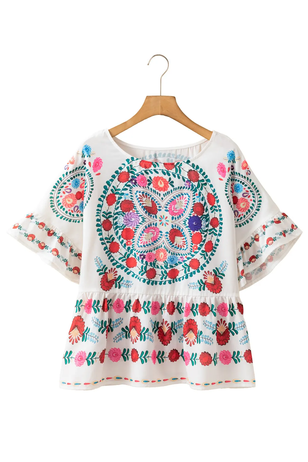 White Boho Floral Print Round Neck Ruffle Trim Blouse