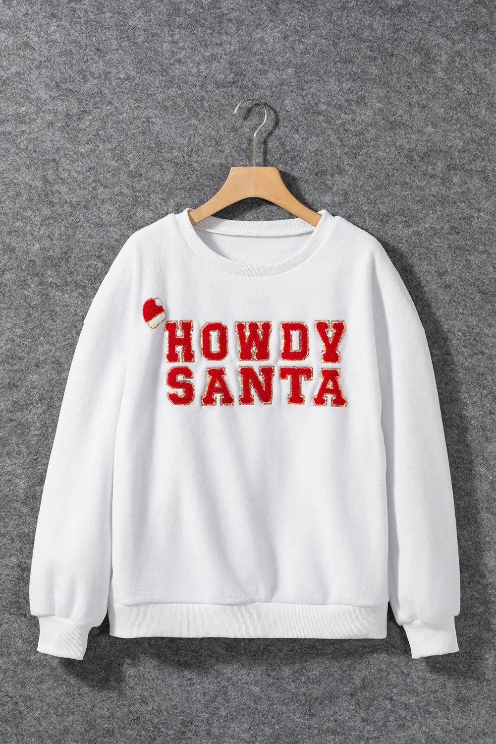 White HOWDY SANTA Chenille Letters Baggy Sweatshirt