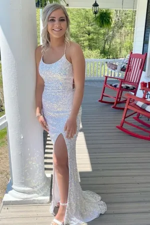 White Iridescent Sequins Formal Dress Long Backless Mermaid Prom Dresses