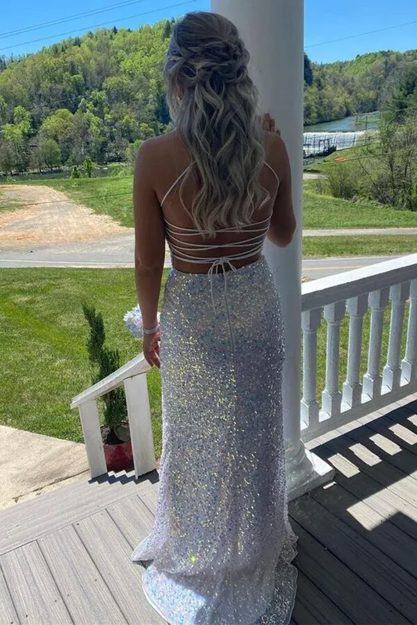 White Iridescent Sequins Formal Dress Long Backless Mermaid Prom Dresses