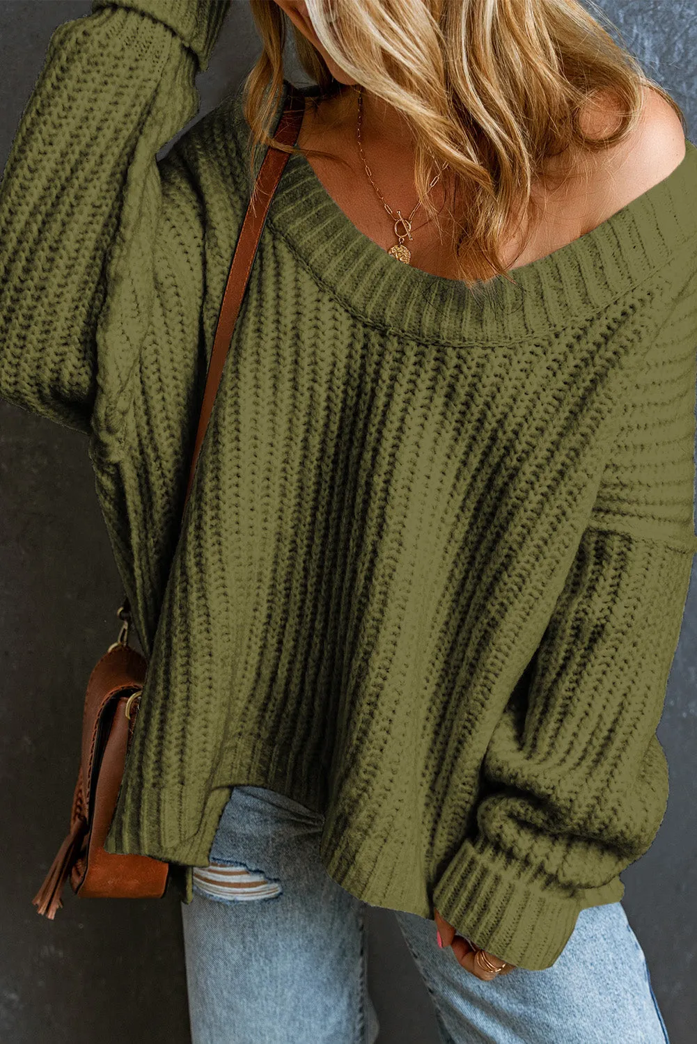 White Ribbed Knit Round Neck Slouchy Chunky Sweater
